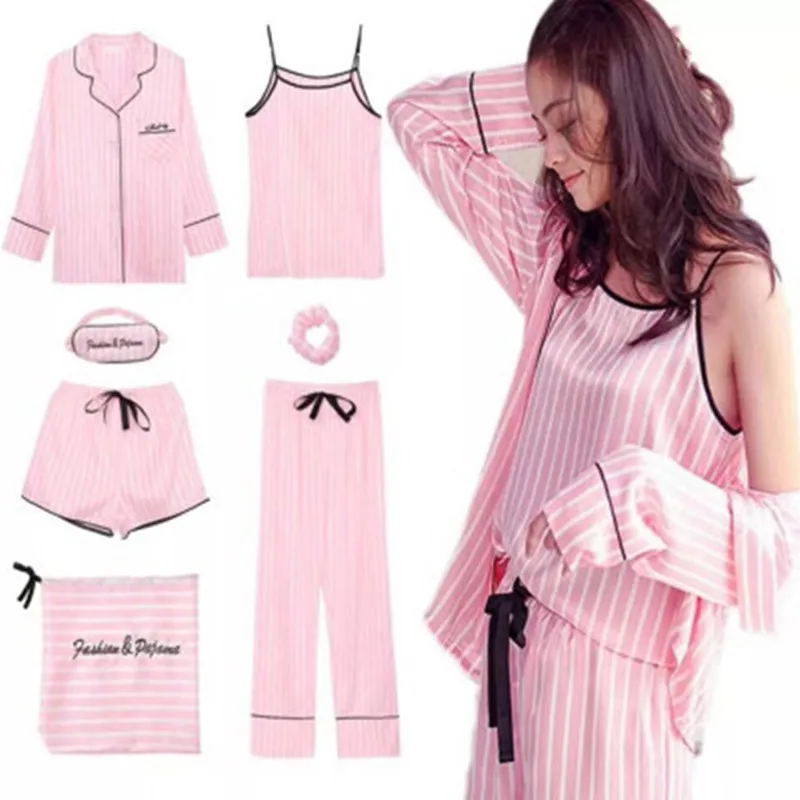 7 Pieces Sets Women Pajamas Set Elegant Pyjamas Striped Pajamas Silk Satin Nightdress trousers shorts Sexy Bathrobe Nightgown