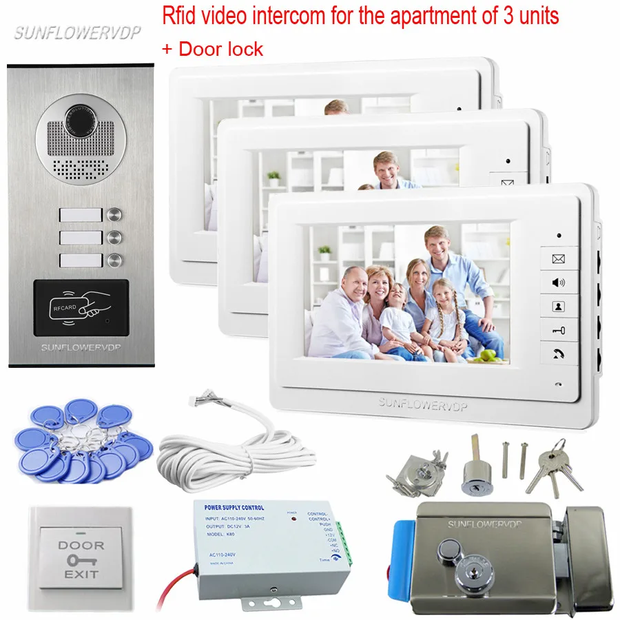 Rfid карты видео домофона 7 &quotцветной монитор для 3 квартиры с электронным блоком