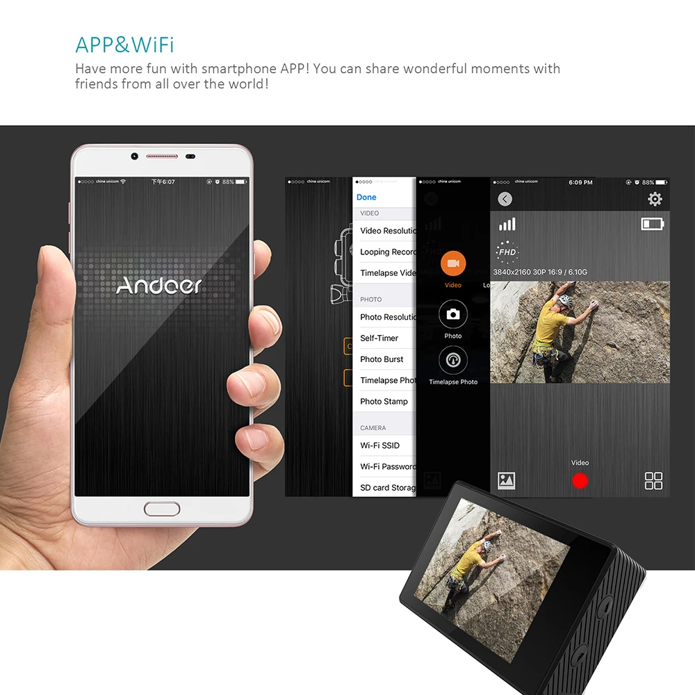 Экшн камера Andoer AN7000 4K 2 0 дюйма LCD1080P 16 МП Full HD подходит для Ambarella A12S75WiFi