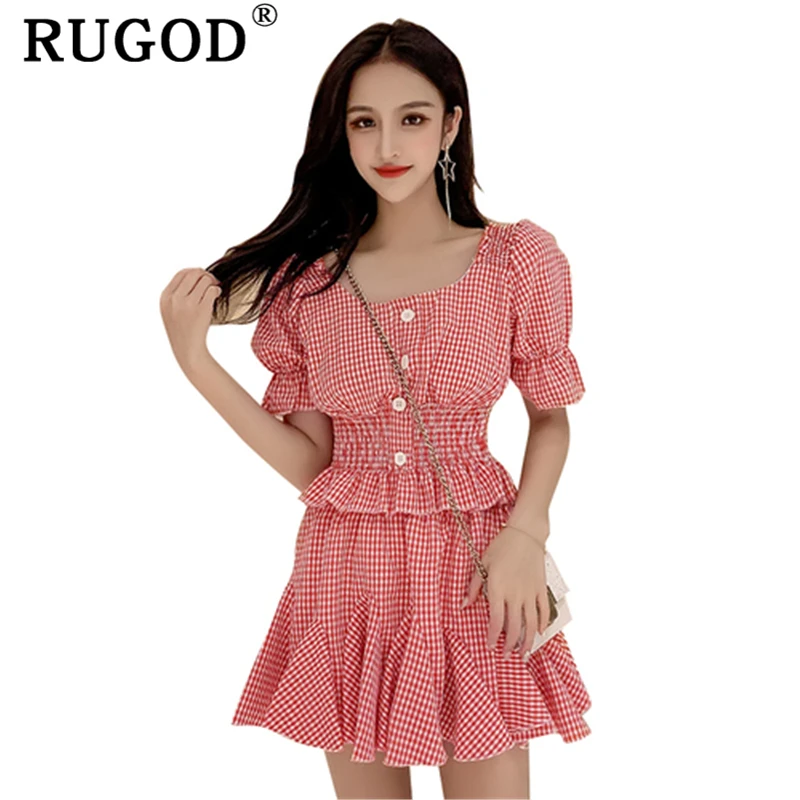 Женский комплект из 2 предметов RUGOD Корейская шикарная клетчатая юбка с оборками