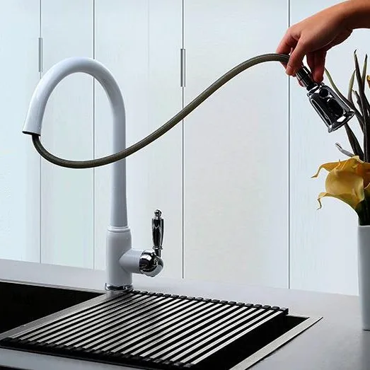 VOURUNA New Design High Quality Solid Brass Single Handle Black Sink Mixer Taps White Pullout Kitchen Faucet | Строительство и