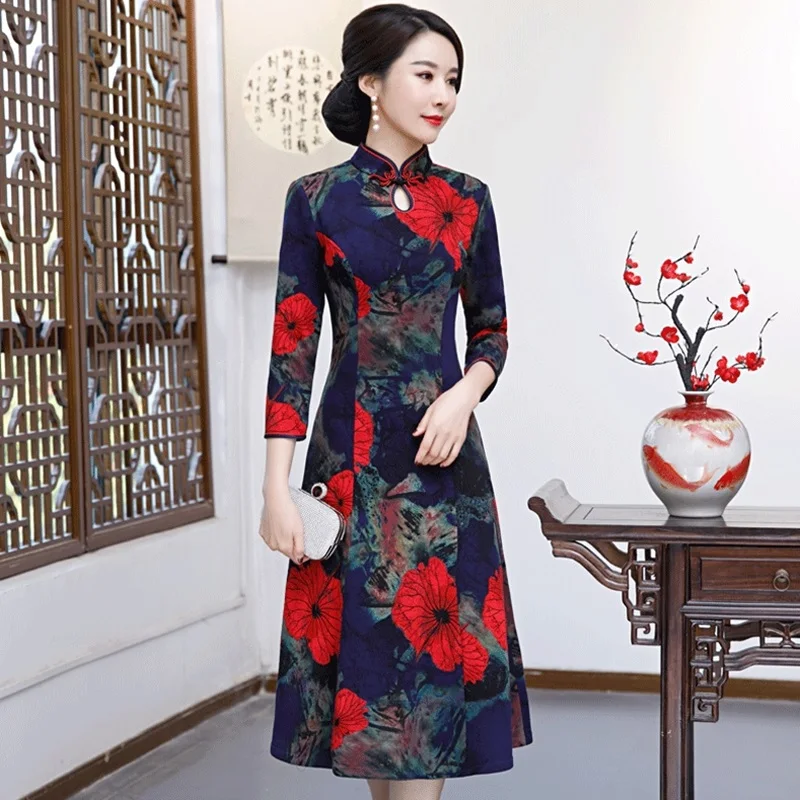 Женское традиционное китайское платье Cheongsam миди большого размера TA1326 зима 2019 |
