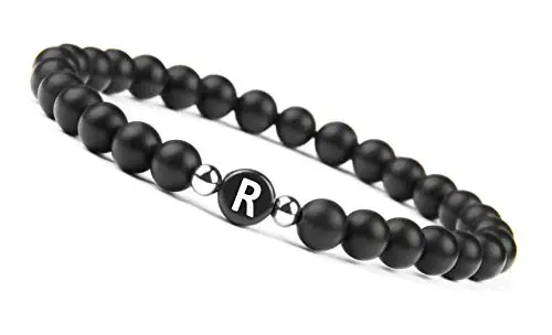 Letter R bracelet Браслет из бисера с натуральными камнями для мужчин и женщин, A-Z браслет с 26 буквами, 6 мм, матовый черный оникс, браслеты ручной работы, модное ювелирное изделие - Окраска металла: Letter R bracelet