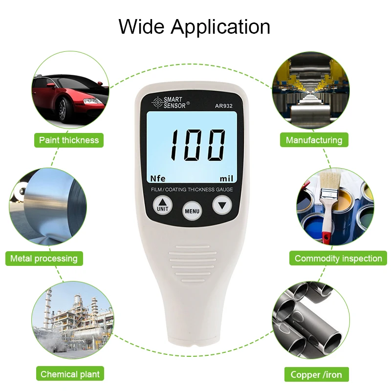 Smart Sensor AR932 цифровой Толщина датчик Краски покрытие Guage метр Диапазон 0-1500um F/N зонд
