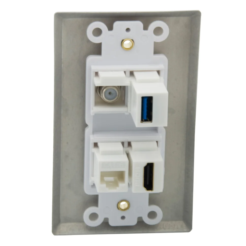 Одноместный твердый стильный алюминиевый металлический 4 порта HDMI USB CAT6 RJ45 F головка RG6 Женский к женскому настенное покрытие лицевой панели