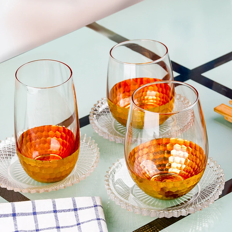 Water Glass Transparent Cup Tumbler Golden Bottom Crystal Wine Big Round Mouth Ice Juice Drink-ware Gold Whiskey | Дом и сад
