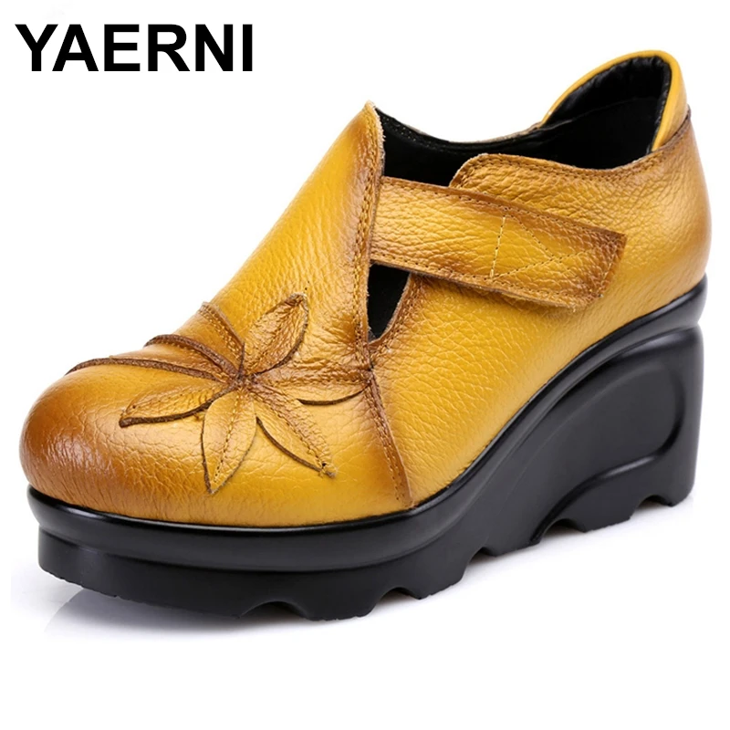 

YAERNI 2022 Women Autumn Genuine Leather High Heels Shoes Handmade Vintage Flower Embroidered Wedges Shoes WomanPumps E530