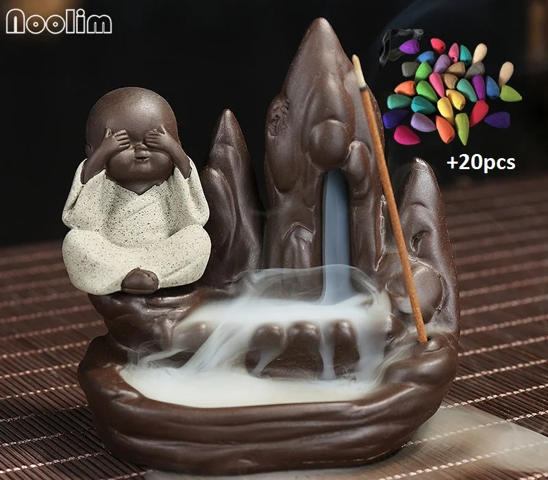 Курильница для благовоний+ 20 шт. конусов для благовоний, креативный домашний Декор маленький монах кадило в виде маленького Будды для благовоний