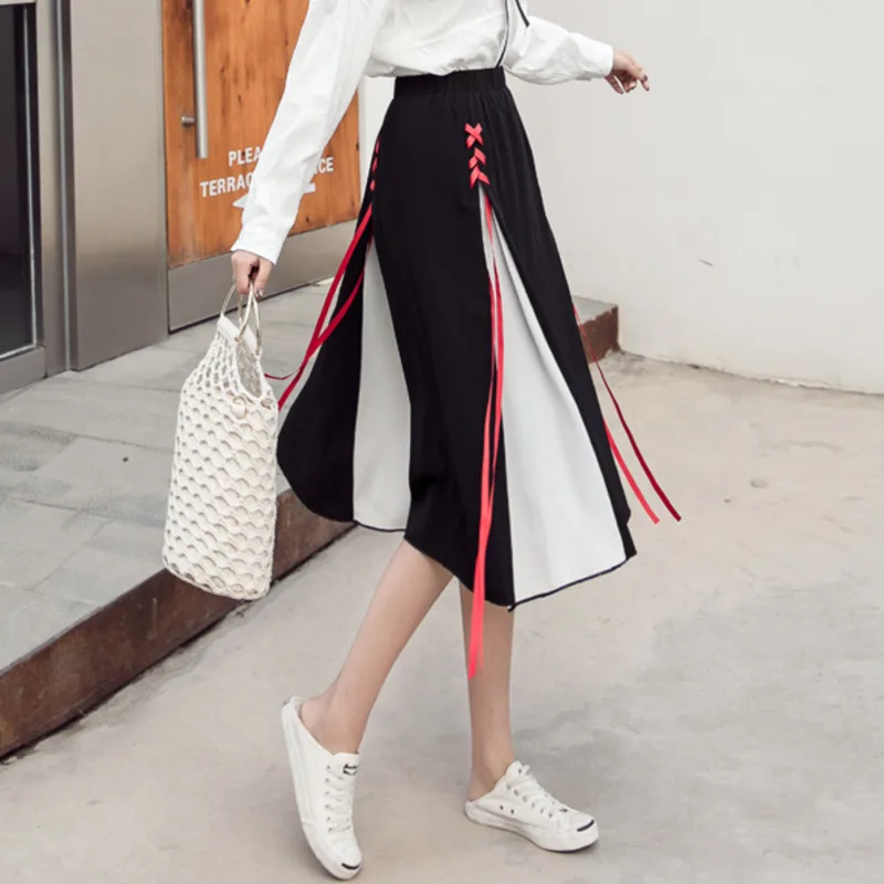 

#1516 Spring Summer Preppy Style Midi Skirt For Woman High Waist Elastic Bow A-line Spliced Knee-Length Womens Skirts Female