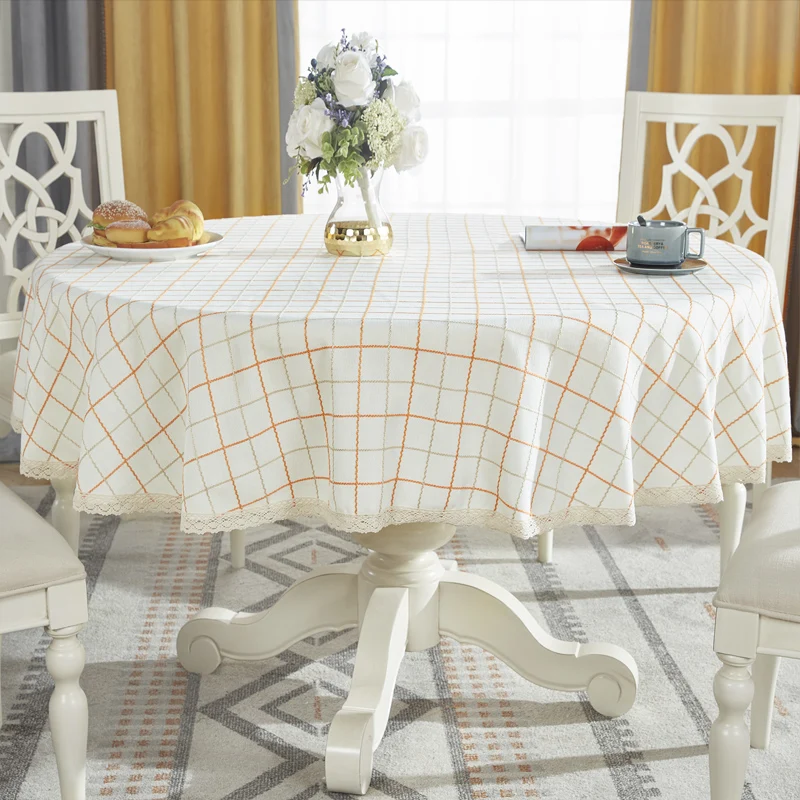 Beige-Plaid Круглая скатерть из хлопка и льна, скатерть в клетку, Рождественская скатерть с кружевным краем, свадебные скатерти - Цвет: Beige-Plaid