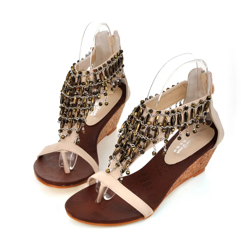Горячая Распродажа, обувь на высоком каблуке маленькие размеры 31, 32, 33, женские сандалии на танкетке в богемном национальном стиле, украшенные бисером размера плюс 40-43