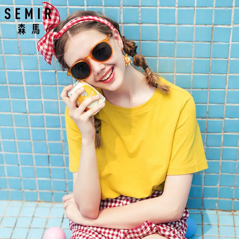 yellow SEMIR, женская футболка, одежда с круглым вырезом, короткий рукав, женская футболка, хлопковые топы, mujer verano,, Повседневная летняя модная футболка - Цвет: yellow