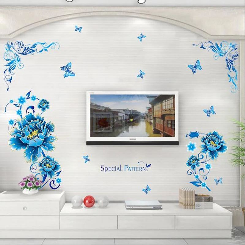 Blue flowers butterflies pvc stickers DIY sitting room adornment bedroom TV background wall | Дом и сад
