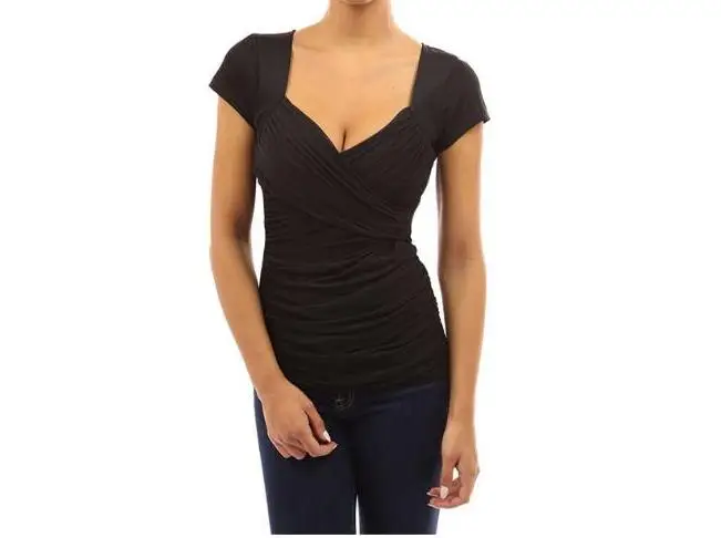 

Summer Women T-shirt Sexy Cross Low Cut Front Knot Casual Silm Short Sleeve Tops Black Pink Red Candy Color Tees Plus Size 3XL