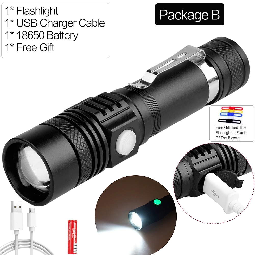 Package B T6/L2/V6 светодиодный фонарик, Мощный USB фонарь, тактический фонарь с 18650 зумом, регулируемым фокусом для кемпинга, пеших прогулок - Испускаемый цвет: Package B