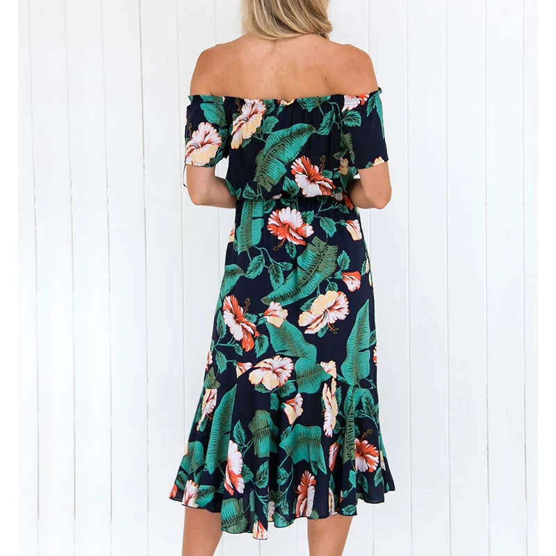 Women Boho Floral Print Off Shoulder Swing Summer Beach Party Dress Sundresses Female 2018 | Женская одежда
