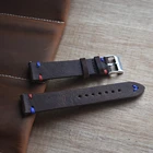 Ремешок для часов ручной работы из натуральной мягкой кожи, сменный ремешок для часов 18, 20, 22, 24 мм, темно-коричневый, красный, с синей строчкой