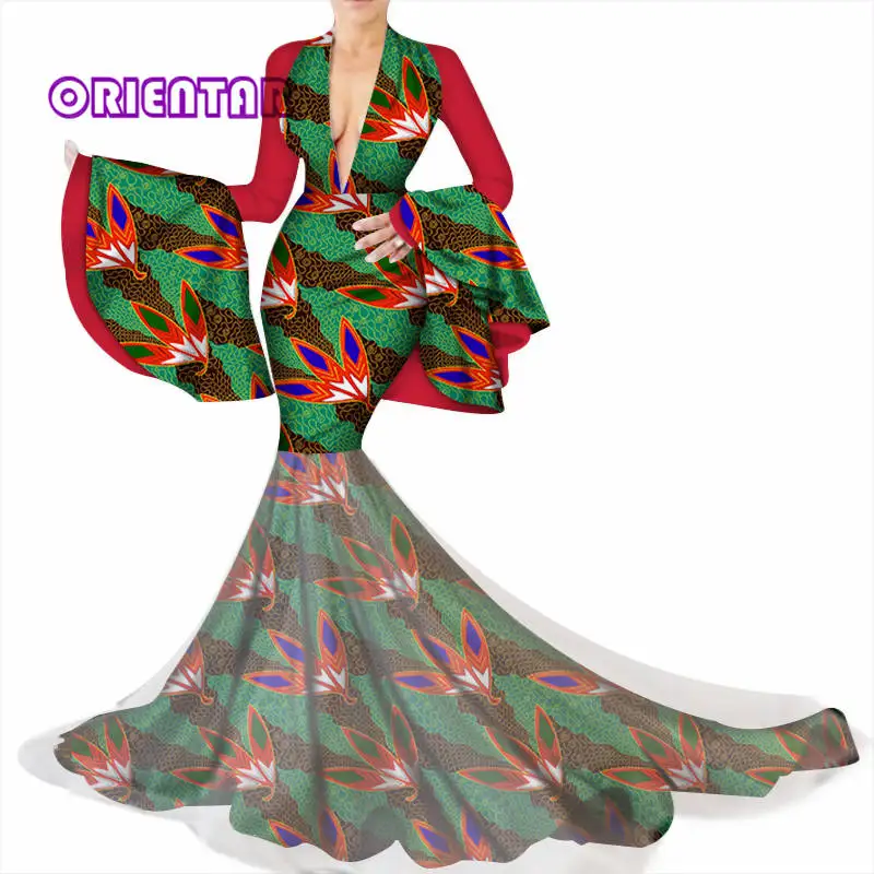 Flare Sleeve African Dresses for Women Bazin Riche Sexy Deep V-neck Long Wedding Party Dress Traditional African Clothing WY3449