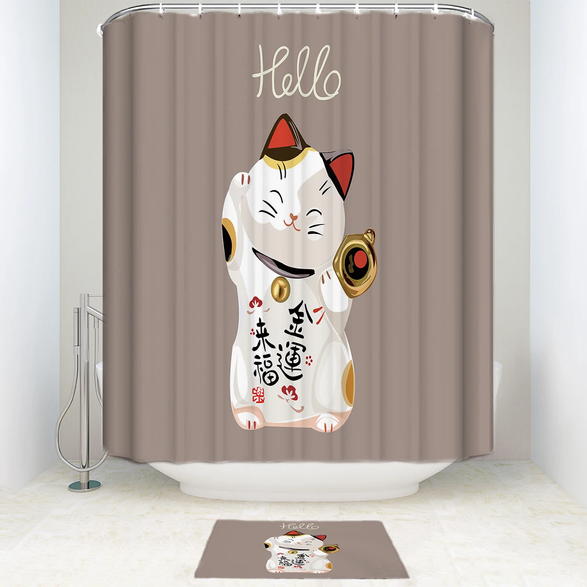 Hello Cat Штора для душа и коврик набор забавных животных водонепроницаемая ткань