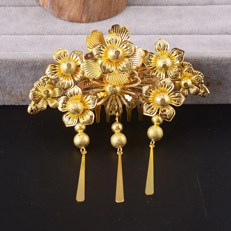 JaneVini Chinese Handmade Vintage Hair Clip Bridal Headwear Crown Golden Tassel Hairpin Earring Women Jewelry Hair Accessories