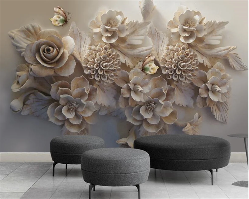 

beibehang 3d wallpaper Custom large silk cloth wall paper aesthetic three-dimensional relief 3D flower butterfly TV background