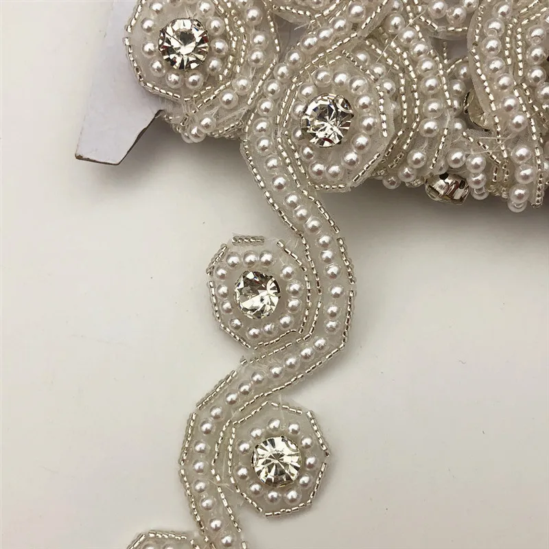 Beaded white 5 ярдов много цвет жемчуг кристалл отделка с бисером из горного хрусталя аппликация железа на свадебный костюм пришить - Цвет: Beaded white