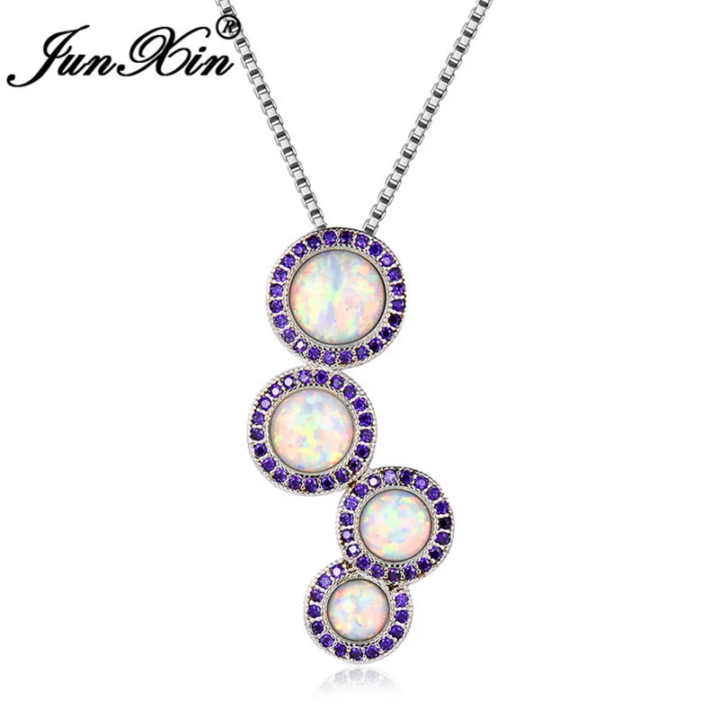 White Opal Necklace JUNXIN роскошное женское сине-белое огненное опаловое ожерелье с подвеской для женщин, 925 пробы, серебряное, фиолетовое, CZ круглое ожерелье с камнем рождения - Окраска металла: White Opal Necklace