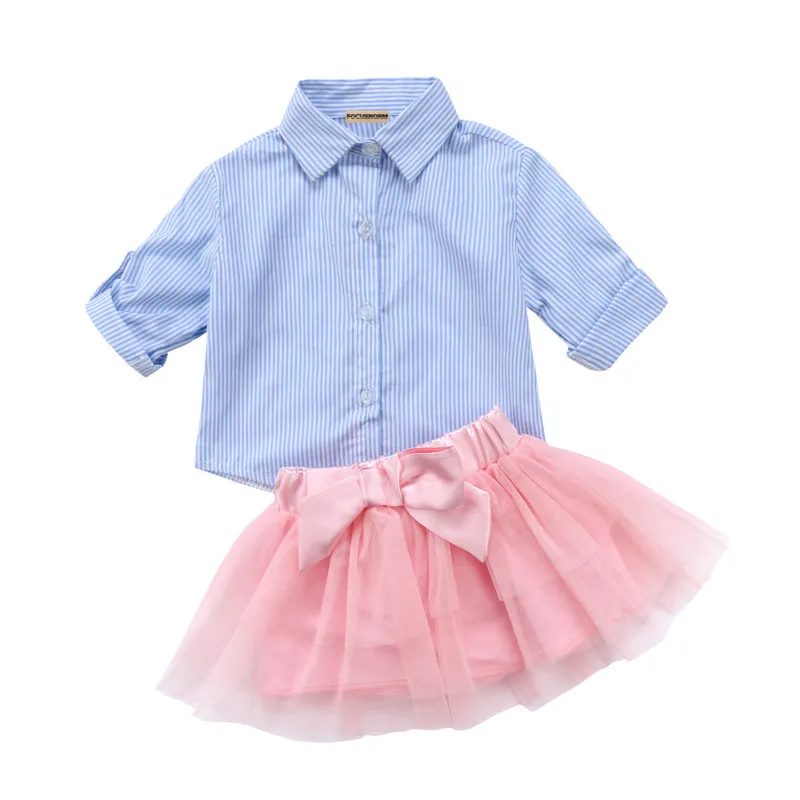 

2 шт., детская хлопковая блузка в полоску, с кружевной юбкой-пачкой