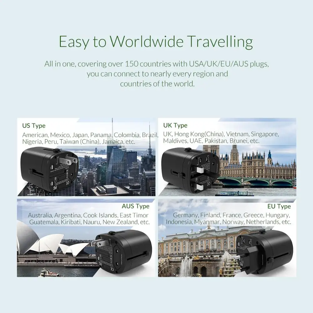 ORICO Travel Adapter Международная розетка все-в-одном 3 USB 1 Тип C 5V3. 4A Max Выход usb зарядный порт UK/AU/US/EU Plug