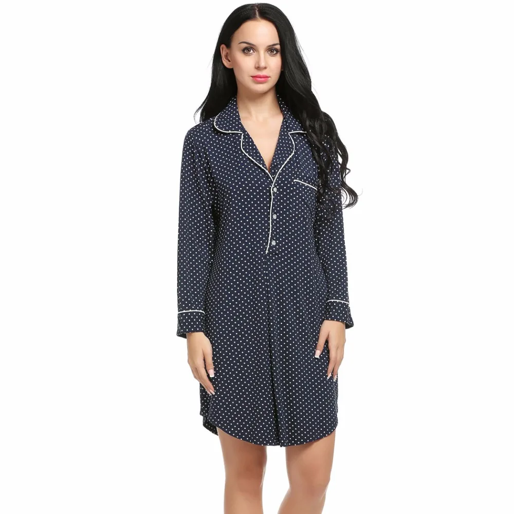 Ekouaer Women Sleepshirt Sexy Nightgowns Turn Down Collar Long Sleeve Polka Dot Solid Lounge Sleep Shirt Sleepwear | Женская одежда