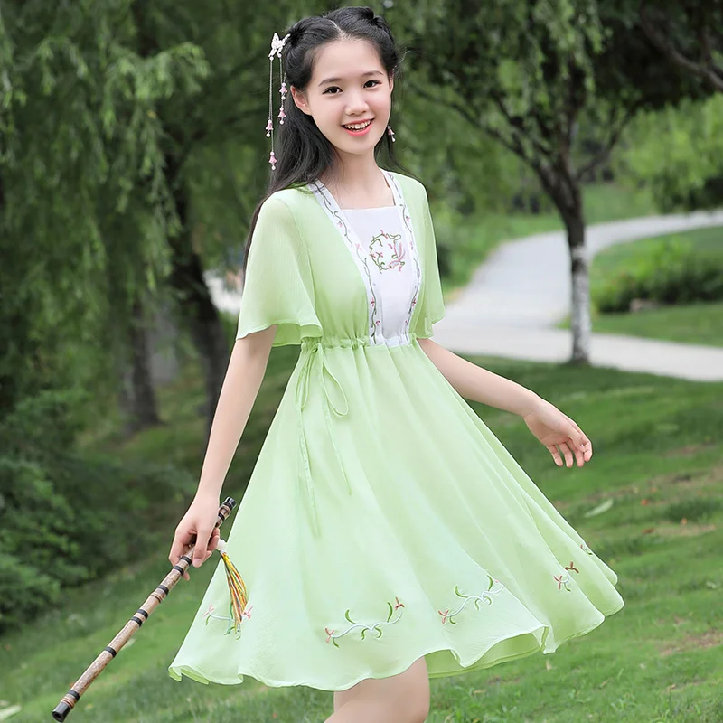 Костюм в китайском стиле улучшенное платье Hanfu для девочек летнее с цветком вишни