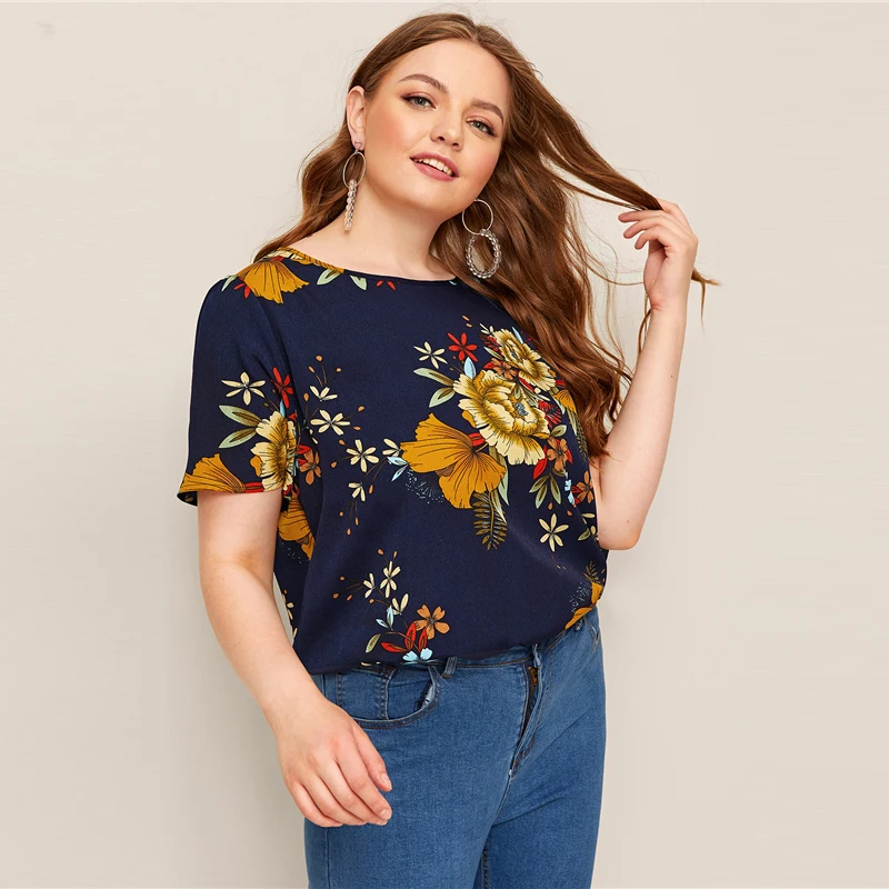 SHEIN, блузка размера плюс, темно-синяя, с растительным принтом,, женская, летняя, Цветочный, Круглый ворот, короткий рукав, обычная, плюс, блузки, рубашка