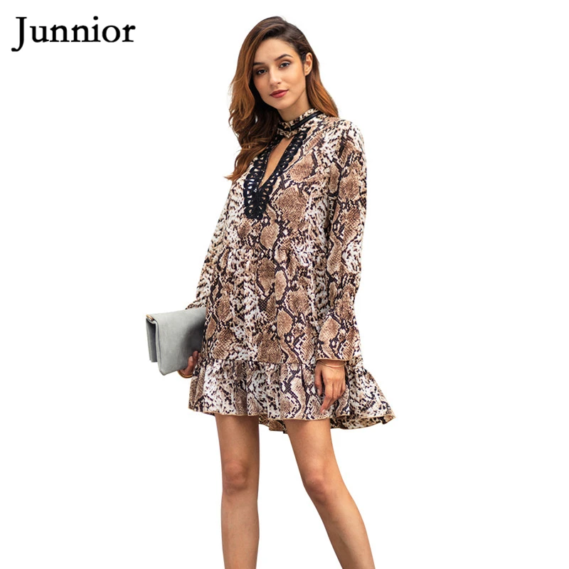 JUNNIOR Leopard Мини платье Для женщин пикантные платья с длинным рукавом v образным