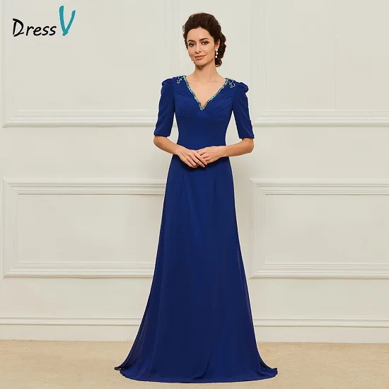 Dressv темно-Королевское синее длинное платье для матери невесты с v-образным вырезом в пол официальное с короткими рукавами с бисером вечерние платье для матери невесты - Цвет: As the picture