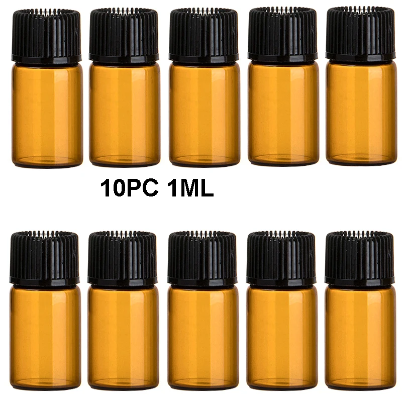 10PC1ML 1 мл/2 мл/3 мл портативная бутылка для эфирного масла из янтарного стекла многоразовая бутылка для образцов с крышкой контейнер для путешествий бутылка - Цвет: 10PC1ML