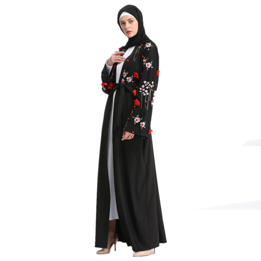 Женское длинное кимоно Abayas платье с цветочной вышивкой в мусульманском стиле