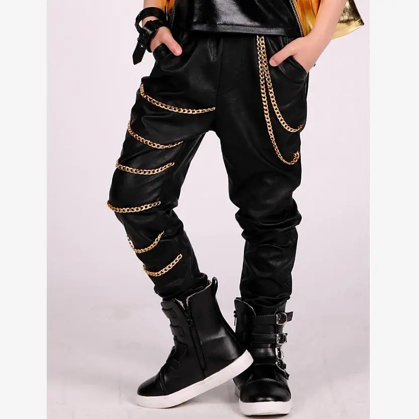 black pants Кожаные штаны в стиле панк, хип-хоп, с золотыми цепочками для маленьких мальчиков детские брюки для выступлений детские брюки-карандаш Modis Y1239 - Цвет: black pants