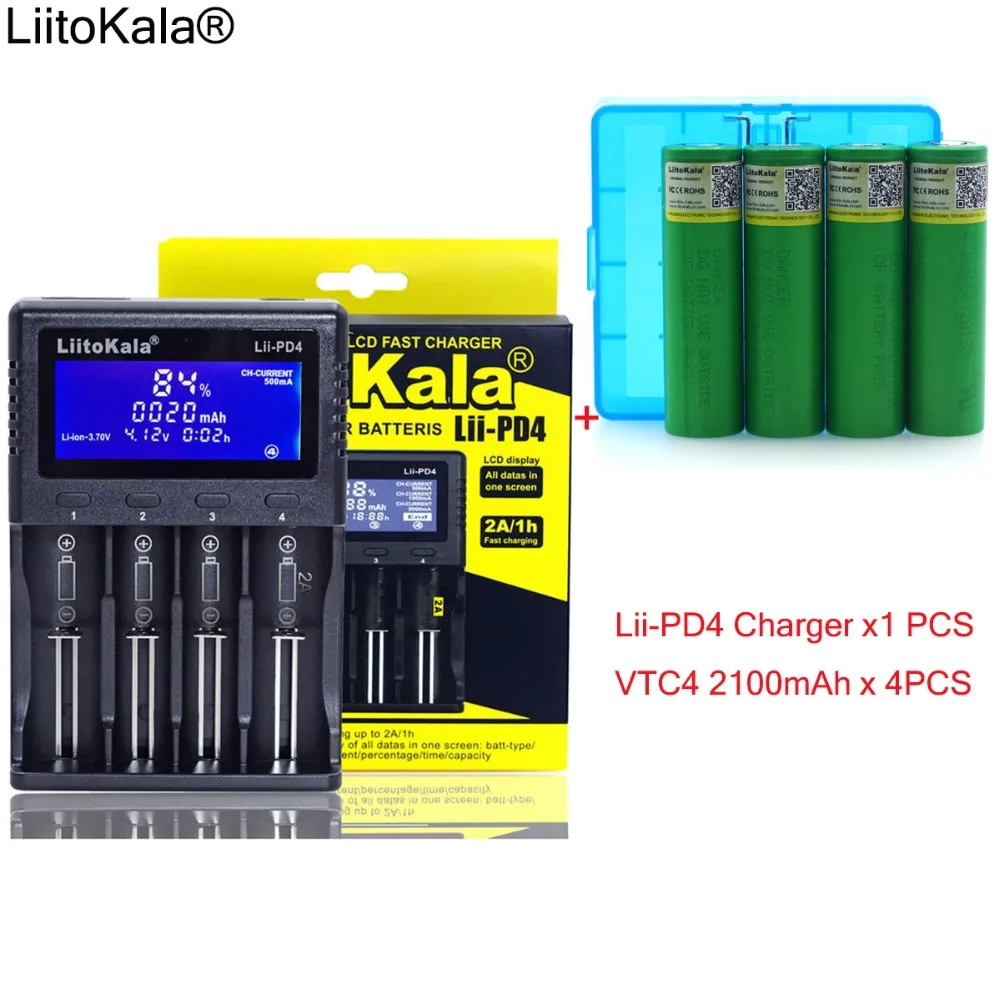 

1pcs New LiitoKala lii-PD4 LCD 3.7V 18650 21700 battery Charger+ 4pcs 3.6V VTC4 2100mAh Rechargeable battery for Sony batteries