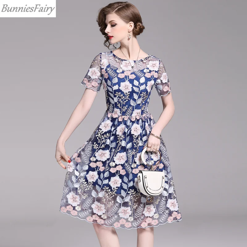 BunniesFairy 2019 летнее женское элегантное платье высокого класса с цветочной вышивкой