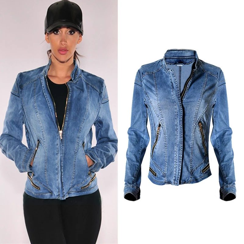 

2020 New Hot Sale Fashion Women Baseball Jackets Stretch Denim Jacket Multi-zipper Short Motor Style Chaqueta Female Denim Coats