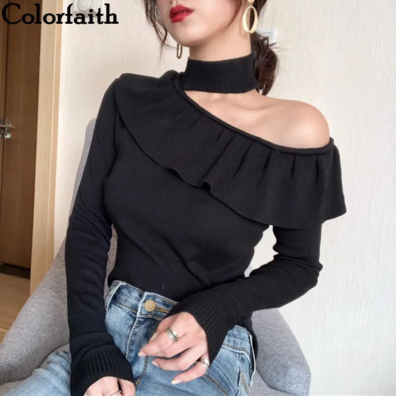 Colorfaith Women Pullovers Sweater 2019 Knitted Spring Fashion Sexy Off Shoulder Ruffles Bottoming Elegant Ladies Tops SW3652 | Женская