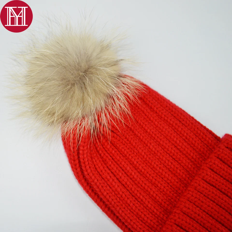 Вязаные облегающие шапки унисекс шапка с шариком из натурального меха енота 14 см