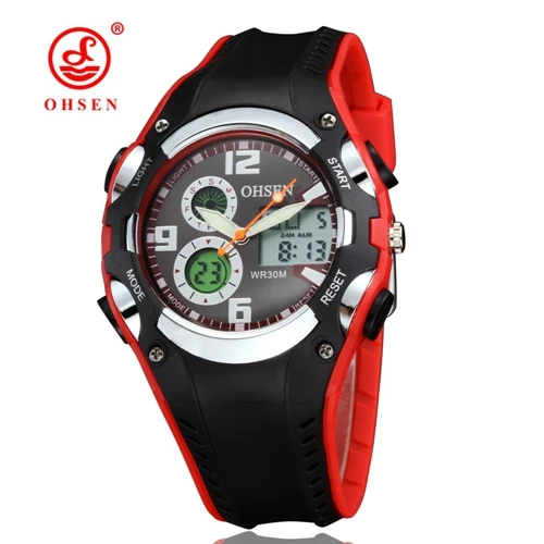 Red Оригинальные Цифровые кварцевые спортивные часы OHSEN для детей и мальчиков, водонепроницаемые часы длиной 30 м с черным резиновым ремешком, модный светодиодный наручные часы для плавания, подарок - Цвет: Red
