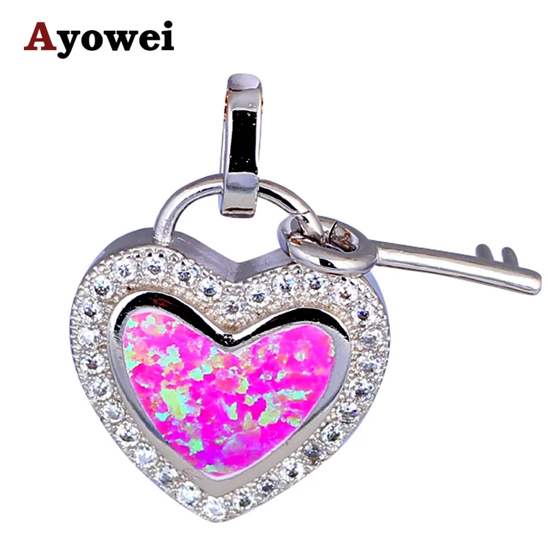 Charming Heart Key Design Stamped Silver High Quality Necklace Pendants Purple Fire Opal Zirconia Fashion Jewelry OP586A | Украшения и