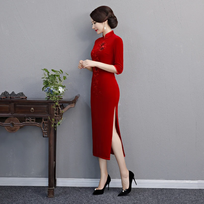 S-5XL велюр Cheongsam Весна Традиционный китайский стиль длинное платье женские воротник-стойка Qipao тонкий Платья для вечеринок Vestido