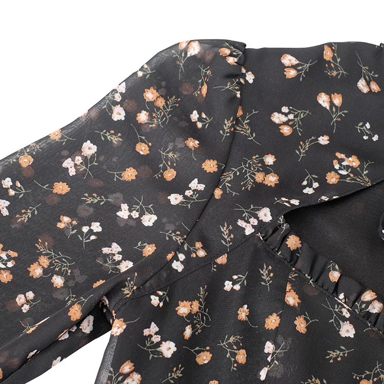 OOTN летнее шифоновое платье с лямкой через шею, женские повседневные короткие платья, цветочный принт, длинный рукав, рюшами, женский сарафан