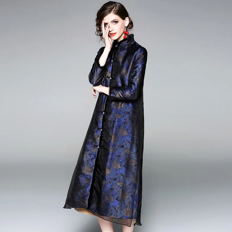 Для женщин темно-голубое платье зимняя одежда Cheongsam платья вышивка женский