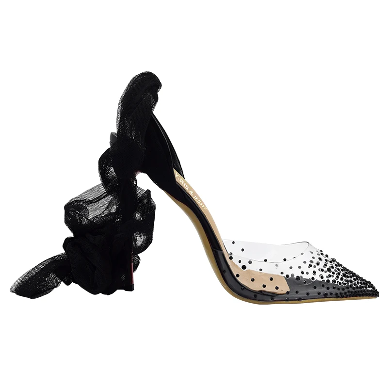 Beli Ukuran 34-45 Miragirl Wanita Tipis Sepatu Hak Tinggi Renda Tali Sandal PVC Kristal Bling Manis Musim Panas Sepatu