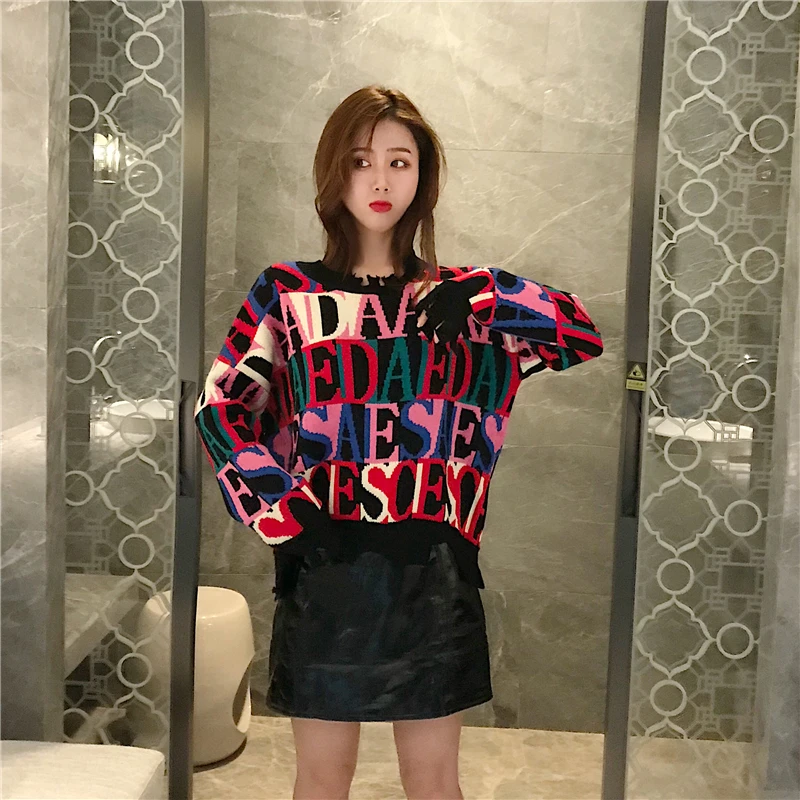 Autumn Winter Printed Sweater Women Pullover 2018 New Fashion Wild Tops Color Letters Loose Female Knit Sweaters NO561 | Женская одежда