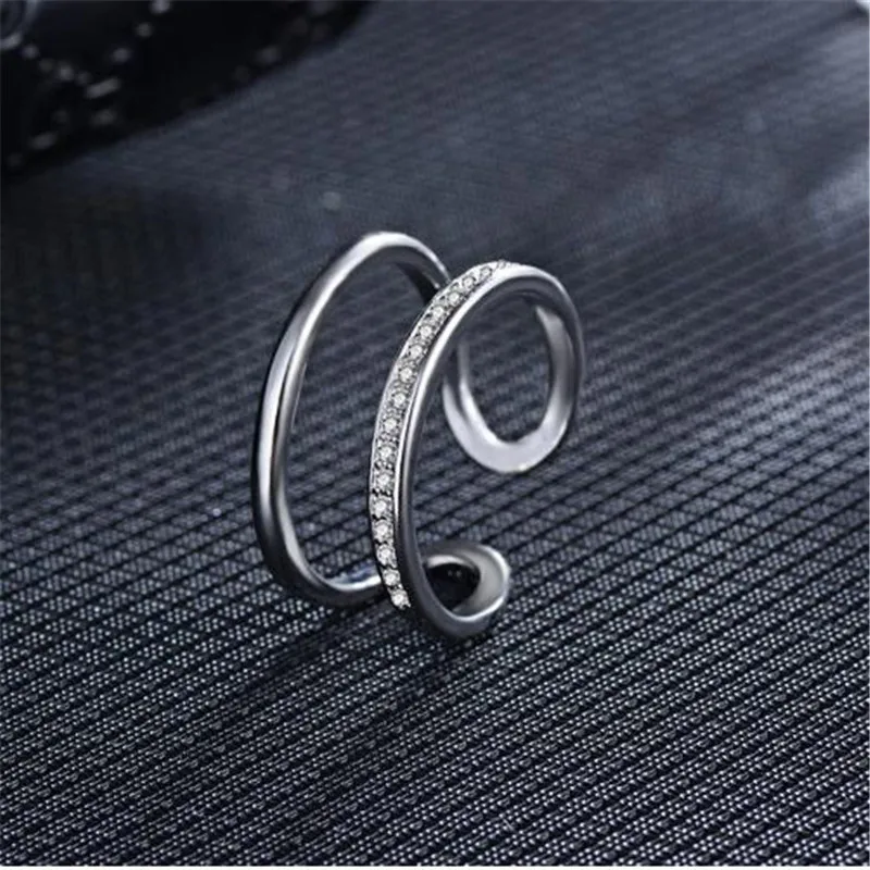 Silver Новые поступления 925 пробы серебряные Открытые Кольца двухслойные Стразы Кольца для девочек женские кольца подарок ювелирные изделия - Цвет основного камня: Silver